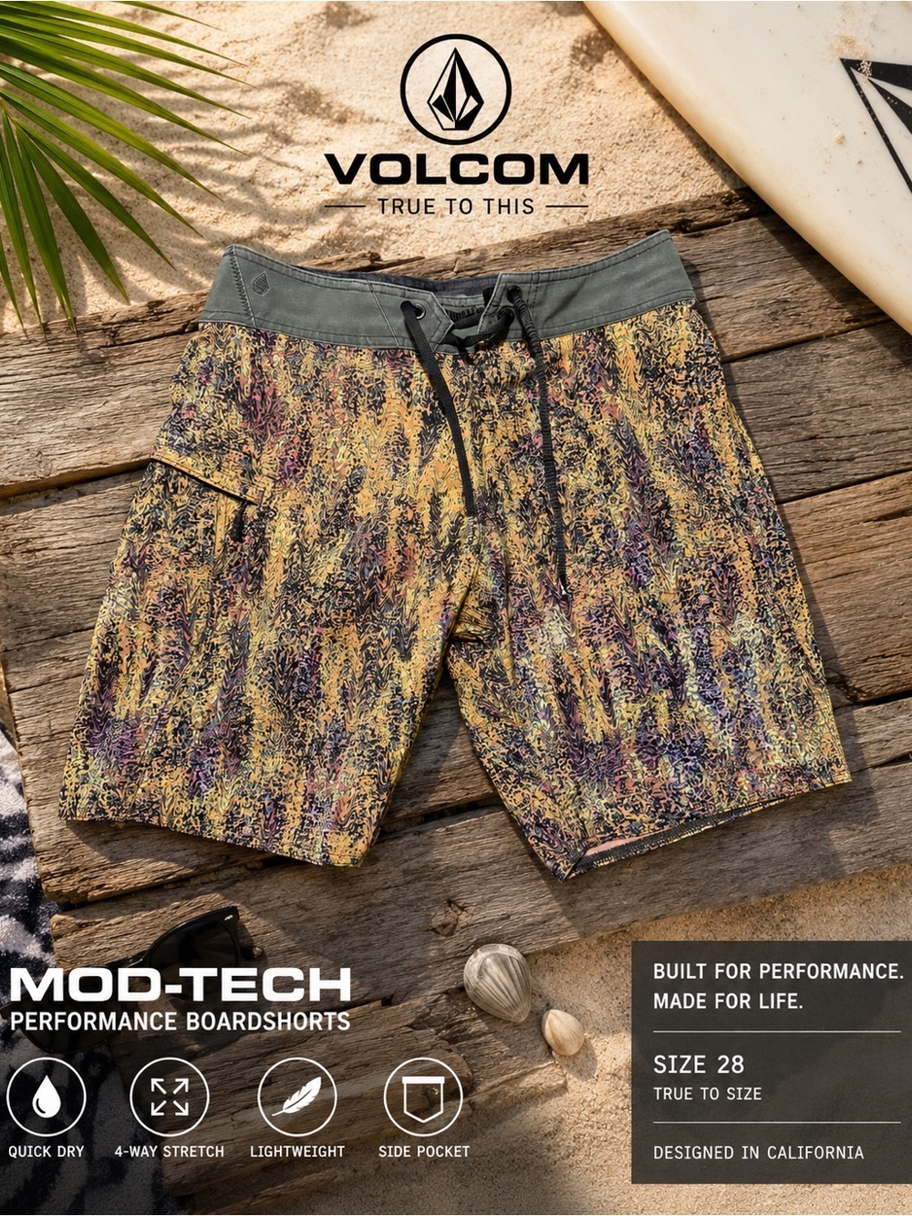 Volcom Mod-Tech Board Shorts Size 28 Abstract Surf Swim Trunks